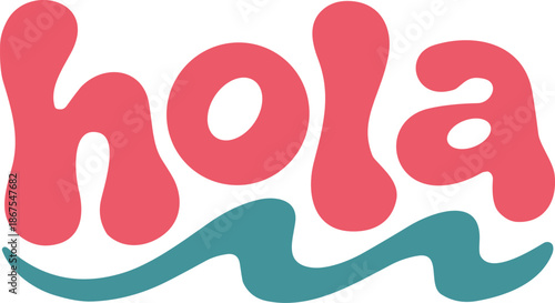 Playful hola logo featuring bubbly pink typography and a teal wave element for friendly greeting and travel branding.