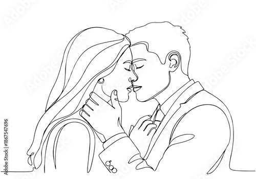 Romantic Valentine's Day Continuous Line Art Illustration of a Couple Kissing Tenderly
