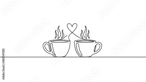 Romantic Continuous Line Art of Two Valentine's Day Coffee Cups with Heart Steam