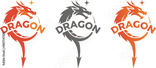 Stylized dragon logo set featuring circular mythical beast emblems in orange grey and gradient colors for esports branding.