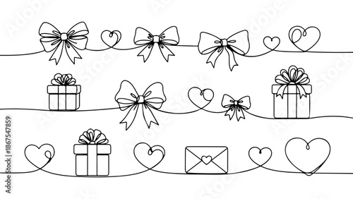 A charming continuous line art illustration celebrating Valentines Day with bows, hearts, and gifts, perfect for romantic designs