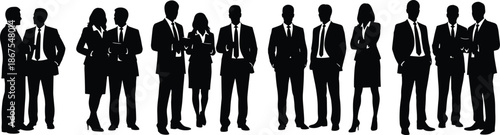 Large group of business people silhouettes, men and women standing in formal wear vector illustration, corporate teamwork crowd isolated on white background