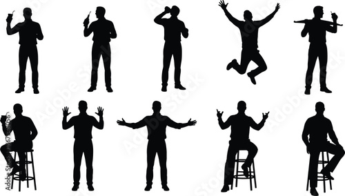 Set of expressive man silhouettes in different poses, standing sitting jumping gestures vector illustration, black male figures isolated on white background