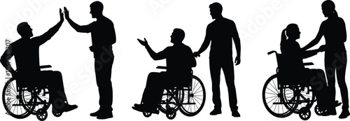 Disability support silhouettes showing wheelchair users interacting with caregivers, high five, conversation, inclusion, empathy, rehabilitation, social care concept isolated white background