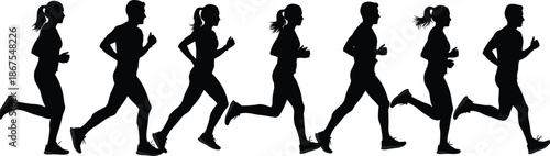 Female runners silhouette training together, women jogging fitness activity illustration for marathon promotion, health campaigns, sports branding, gym posters and active lifestyle designs