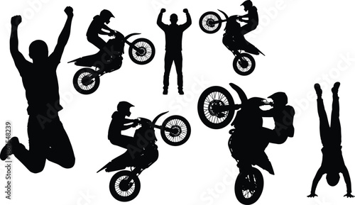 Extreme motocross silhouettes showing dirt bike stunts, jumping riders, fitness poses, adrenaline, power, action sports lifestyle concept isolated white background