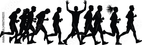 Silhouette children running and celebrating together, joyful kids sports activity illustration for education projects, school posters, youth fitness campaigns and team spirit branding