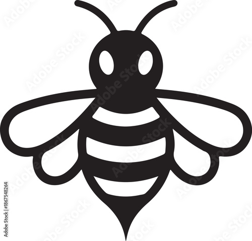 Simple black and white illustration of a bee in flight with detailed wings