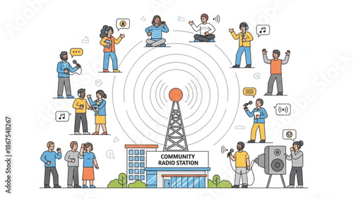 Community radio station broadcasting people talking and listening to music with radio tower