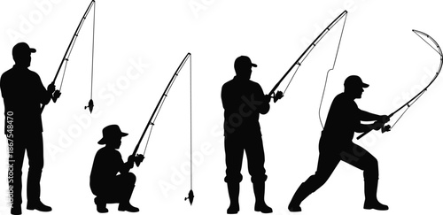 Fishing silhouettes showing adult and child anglers casting rods, catching fish, outdoor sport, patience, family recreation concept isolated white background