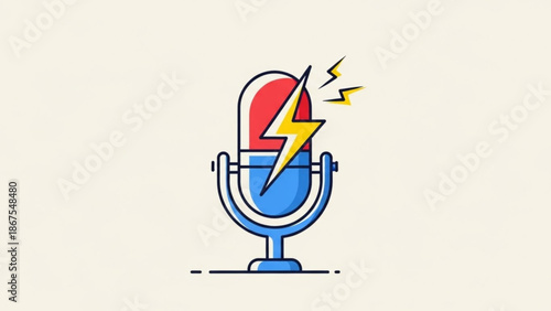 Vibrant podcast microphone with lightning bolt symbol on red and blue background for energetic broadcasting