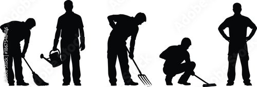 Gardening man silhouettes showing outdoor work activities with tools, planting, cleaning, landscaping, maintenance, home garden care concept isolated white background
