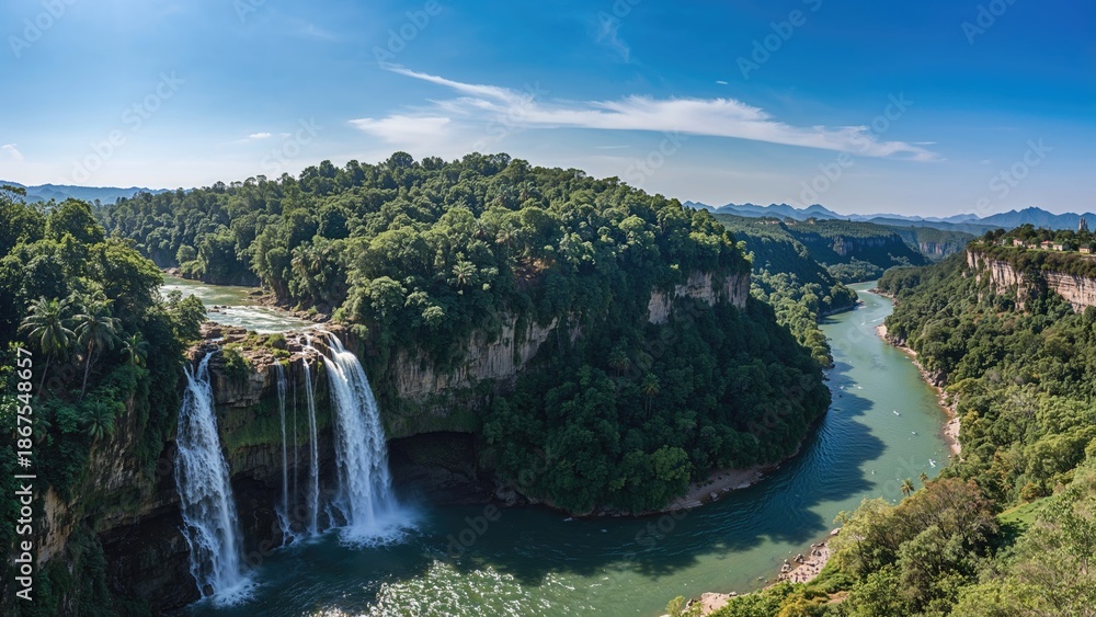 Fototapeta premium A lush green landscape with waterfalls and a river, showcasing nature and scenic beauty.