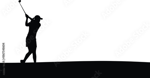 Golfer silhouette swinging club on course showing precision, focus, sport performance, outdoor recreation, professional golf action concept isolated white background