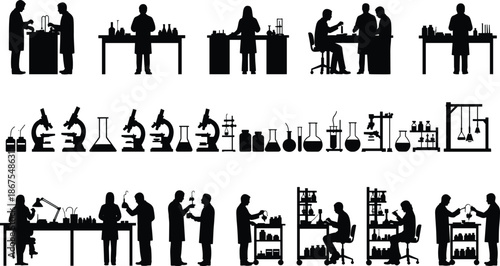 Laboratory scientist silhouette set, chemistry research experiments, medical lab equipment icons, scientific teamwork vector illustration, isolated white background design, collection