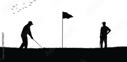 Golf course silhouettes showing golfer putting near flag and waiting player, outdoor sport, competition, calm focus, leisure lifestyle concept isolated white background