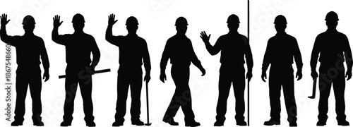 Construction worker silhouettes set, standing men with helmets tools, industrial labor poses, safety concept, black vector illustration, isolated white background
