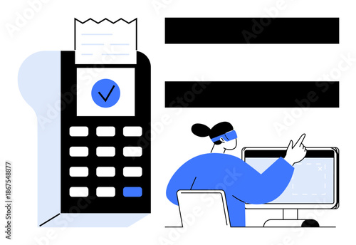 Accounting professional operating computer near POS terminal with receipt and check mark. Ideal for finance, technology, bookkeeping, business operations, payment verification, workflow