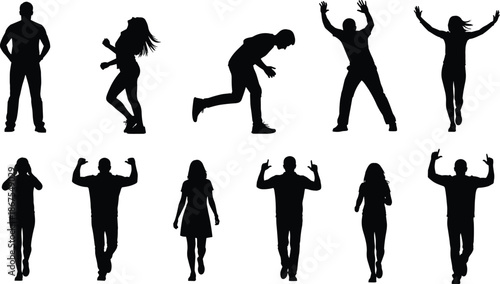 People silhouettes collection showing walking, running, dancing, celebrating, confident poses, human movement, lifestyle expressions concept isolated white background