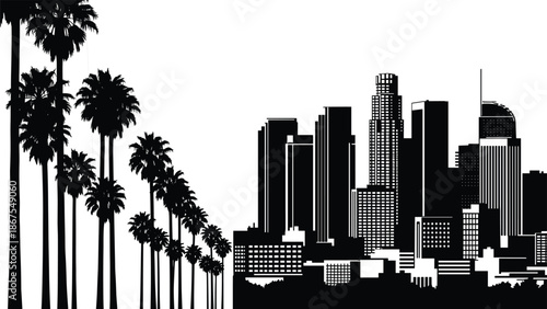 Los Angeles city skyline silhouette, palm tree boulevard, urban downtown skyscrapers, California cityscape vector illustration, isolated white background, design, artwork