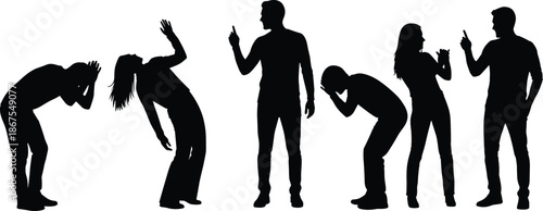 People silhouettes showing emotional conflict, argument, stress reactions, communication problems, body language expressions, social tension and psychological struggle concept isolated background
