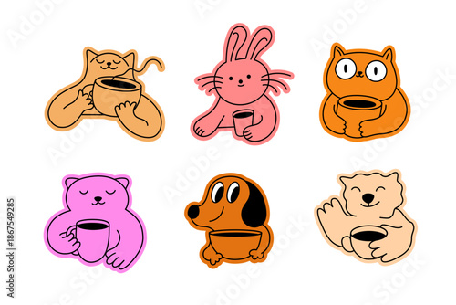 Vector sticker design templates, hand drawn doodle sketchy characters and mascots, happy animals with coffee cups, cafe emblems and coffee shop logos