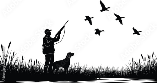 Waterfowl hunting silhouette scene, hunter with dog aiming shotgun, flying ducks over marsh reeds, minimal black vector illustration, isolated background
