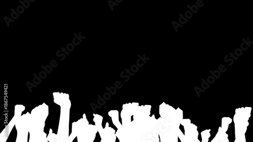 Protest crowd raised fists animation on black screen.