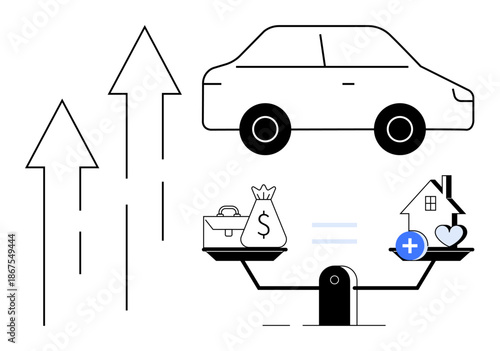 Financial growth. Financial growth with arrows, car, money, and property icons. Financial growth involves money management, asset valuation, and investment planning. Ideal for business economics