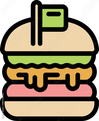Tasty hamburger with dripping cheese and small green flag, representing delicious fast food