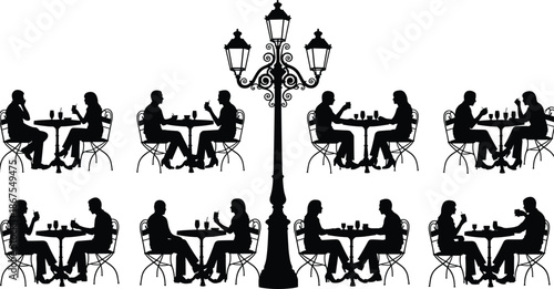 Outdoor cafe silhouette set, people sitting at tables, romantic street lamp scene, urban dining vector illustration, isolated white background design