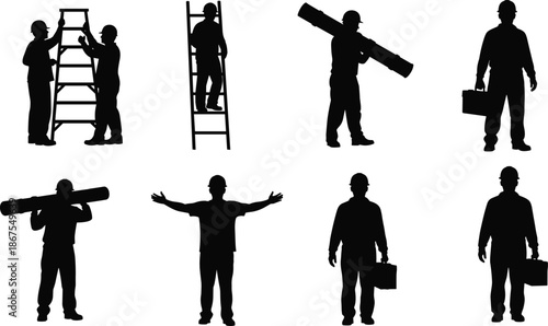 Construction worker silhouette set, builders at work poses, safety helmet figures, industrial labor vector illustration, isolated white background design collection