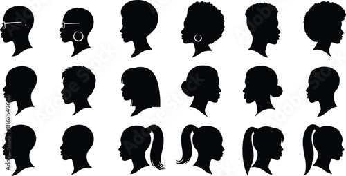 Female profile silhouette collection, diverse women hairstyles, black head icons set, minimalist vector illustration, isolated on white background