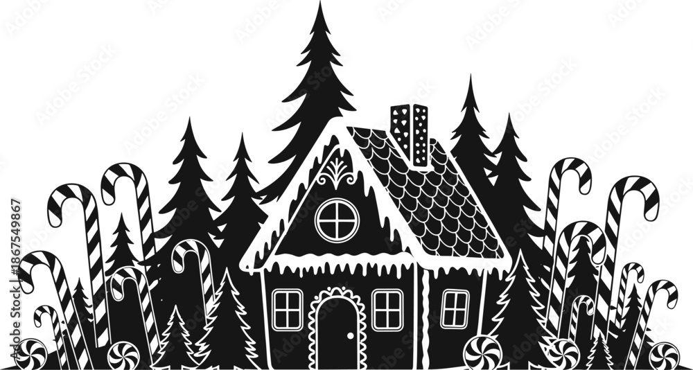 Obraz premium Whimsical black and white illustration of a gingerbread house surrounded by festive trees and candy canes
