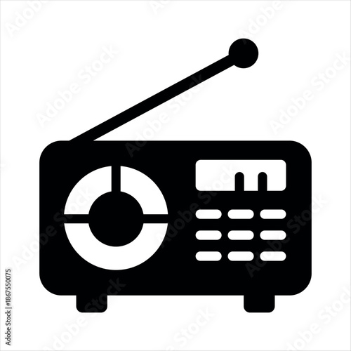 Simple black and white icon depicting a vintage portable radio with antenna