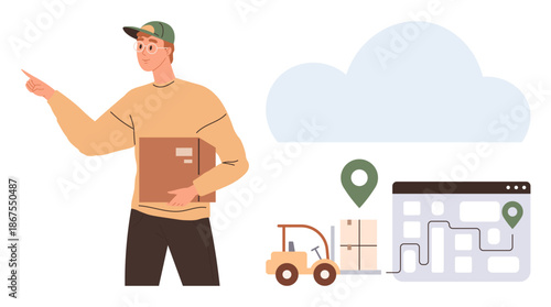 E-commerce, logistics, delivery services, supply chain, transportation, shipping solutions. Delivery man holding a box, forklift moving goods digital route map. E-commerce and logistics concept