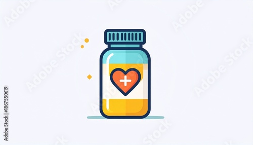 Modern Flat Design Medicine Bottle Icon with Heart Plus Sign for Health, Pharmacy, and Wellness Concepts