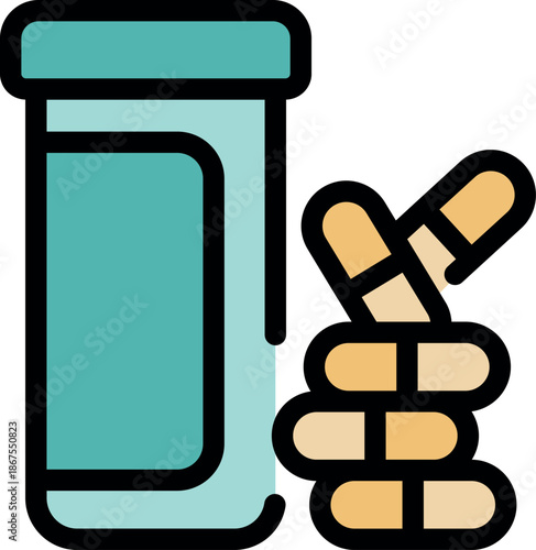 Colorful illustration of medicine bottle and stacked pills representing healthcare, pharmaceutical industry, and medication