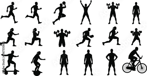 Black fitness silhouettes set, people exercising and workout icons, running, cycling, weightlifting and sports training vector illustrations isolated on white background for design,