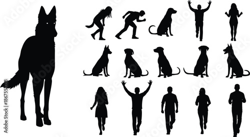 People and dog silhouettes collection showing human activities, pets, running, walking, joy, companionship, daily life moments concept isolated white background