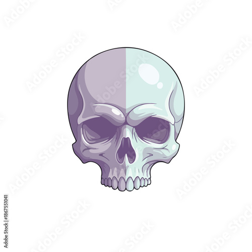 Illustration of a purple and blue skull with a shiny appearance on a white background.