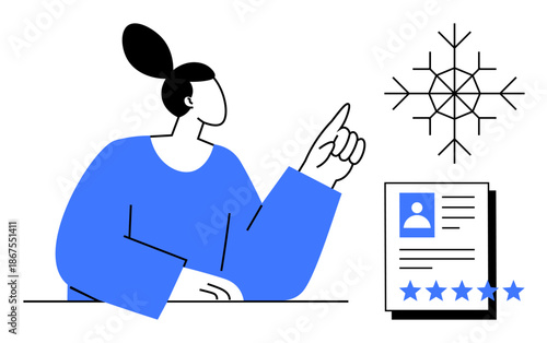 Woman gesturing toward a snowflake icon beside a profile document featuring a photo and five-star rating. Ideal for recruitment, employee assessment, rating systems, winter themes, professionalism