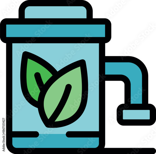 Modern electric kettle infusing herbal tea with two green leaves, promoting healthy lifestyle