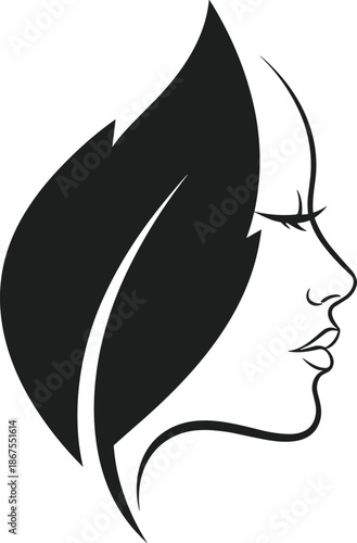 Minimalist Line Art Logo of a Woman Face with Leaf Hair Representing Natural Beauty Organic Skincare Wellness Spa and Eco-Friendly Cosmetics Branding
