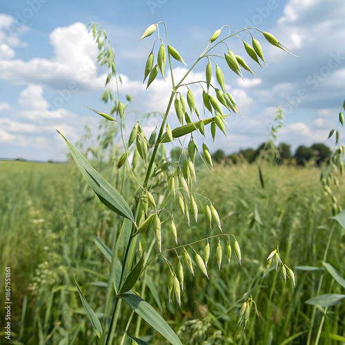 An oat plant with slender green stalks and developing grains.