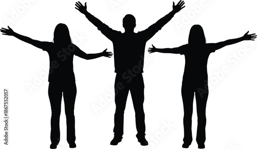 Black Silhouette Vector Illustration of Three People Standing Together with Raised Arms Expressing Freedom Success Joy and Positive Teamwork for Community Projects