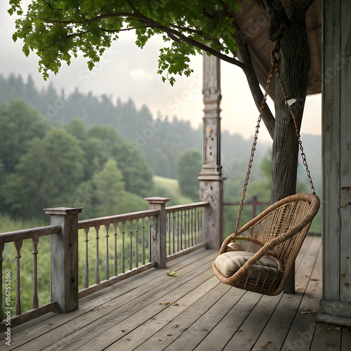 An old wooden terrace featuring a wicker swing hanging from the roof.