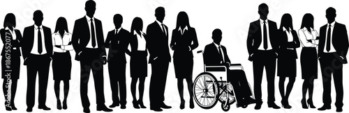 Diverse Professional Business Team Silhouette Collection Featuring Men Women and Colleague in Wheelchair for Corporate Inclusion Diversity and Leadership Marketing Projects