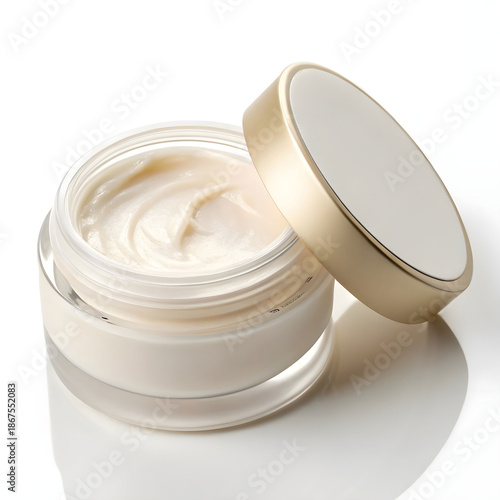 An open moisturizer jar revealing a smooth, creamy surface, highlighting luxurious texture, sleek design, and a premium skincare aesthetic