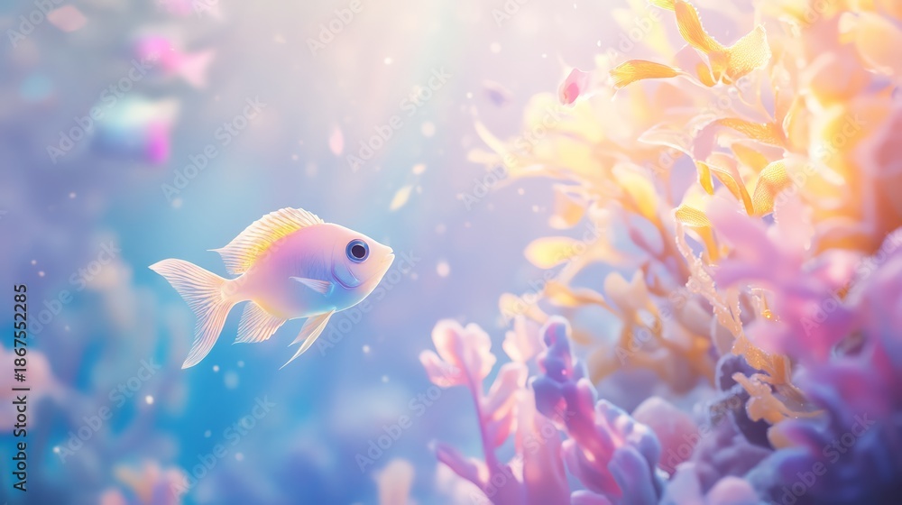Fototapeta premium A small pastel pink fish swims near glowing coral reefs in blue ocean water